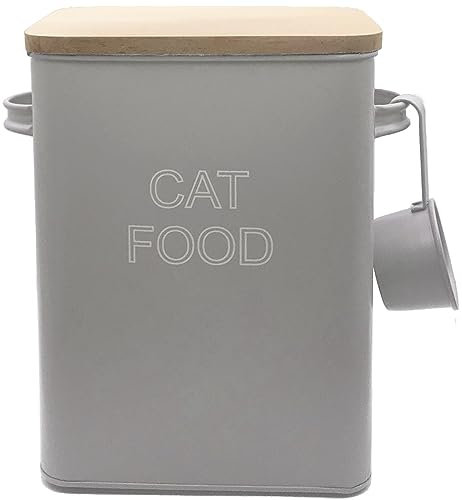 Nobel Cat Food Storage Tin with Wooden Lid with Scoop Non Slip Pads Grey