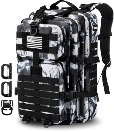 Hannibal Tactical MOLLE Sac à dos d'assaut, sac à dos tactique militaire, sac à dos de camping, sac à dos de 3 jours avec écusson drapeau USA, anneaux en D, camouflage noir et blanc