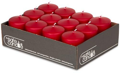 DecoLite Stumpenkerzen 27h Brenndauer, 8 x 6 cm, 12 Stück, Rot | Made in Germany, RAL-geprüft, Safe-Candle-Abbrandstopp, tropffrei, rußfrei, ohne Duft, für Advent, Tafel & Gastronomie