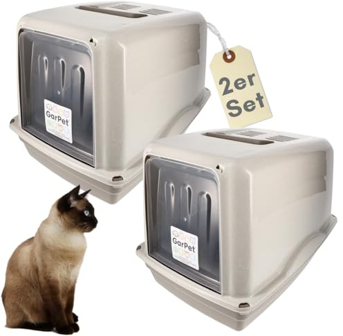 2er Set Katzenklo mit Deckel XXL Katzentoilette große Katzen Klo WC Haubentoilette grau inkl. Aktivkohlefilter Doppelpack Sparpaket Katzentoiletten
