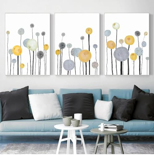 NXMYDBD Bunte Blumen-Leinwandmalerei, abstrakter geometrischer Baum, gelbe Pflanze, Poster und Drucke, Schlafzimmer-Dekor-Wandbild für Zimmer, 70x90cm (28x35 Zoll) x3, ungerahmt