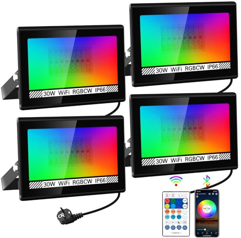 NATPOW Projecteur RGB LED Extérieur 30W, Spot de Couleur avec Application Bluetooth et Télécommande, Étanche IP66 Lumière Extérieure Led Changeant de Couleur pour Fête, Jardins, Patios, 4 Pièces