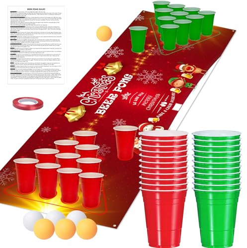 Christmas Beer Pong, Beer Pong Set Christmas Party Drinking Game for Adults, 16oz Plastic Cups Ping Pong Game for Xmas Party Activity (Red - Christmas)
