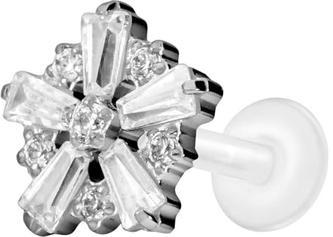 PIERCINGLINE PTFE Labret mit Gewinde + Titan-Aufsatz SCHNEEFLOCKE Piercing Ohr Nase Silberfarben 1,2 x 5 mm