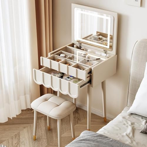 Ernqi Schminktisch mit Beleuchtung, integrierte Klappplatte, platzsparendes Design, umweltfreundliche E1-Materialien, geräuschlose Gleitschienen, Schminktisch mit bequemem Stuhl (White,B_19.7IN)