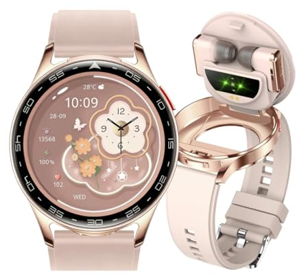 Rainbuvvy Watch Buds Smartwatch und Kopfhörer 2 in 1 Noise Cancelling 1.39 Zoll rundes Display Fitness Tracker mit Herzfrequenz Schlafmonitor für iOS Android Handy (Gold)