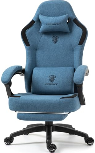 Dowinx Gamingstolstyg med vårkudde, massage gamingfåtölj med fotstöd, ergonomisk PC-stol, gamingstol, kontorsstol, 150 kg lastkapacitet, blå