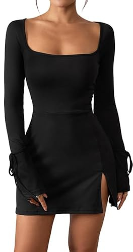 Haibang Vestito Donna Elegante Maniche Lunghe Sexy Mini Abito da Sera Vestito Corto Scollo Quadrato Casual Bodycon Dress Aderente Vestiti de Discoteca Sera Cocktail Party Tubino Autunno Inverno