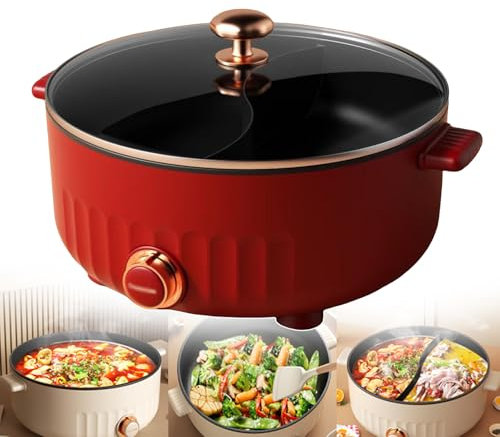 Olla eléctrica con divisor - Ollas eléctricas antiadherentes de 6 l - Olla eléctrica Shabu con 3 velocidades - Temperatura ajustable - Sartenes eléctricas para fiestas de cocina familiar 1350 W, roj