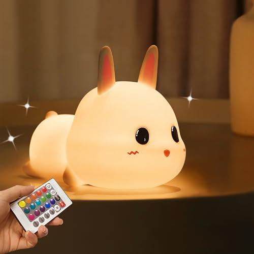 Dewocke 16 Colors Cute Rabbit Night Light, Baby Night Light Kids, USB Rechargeable Night Lamp, Dimmable Touch Control, Silicone Nightlight with Remote for Bedroom Decor, Gifts for Baby Girls