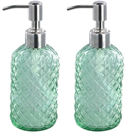 YILANJIN Glass Soap Dispenser, 2 Pack 400 ml Refillable Liquid Soap Dispensers with Stainless Steel Pump, Clear Jar Dispenser, Liquid Hand Soap Dispenser for Kitchen, Countertop, Bathroom (Green)