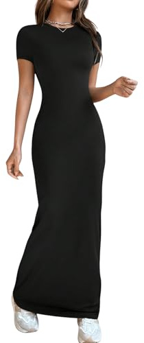 SweatyRocks Damen Tshirt Kleid Kurzarm Sommerkleid Freizeitkleid Basic Kleider Bodycon Enges Kleid Tunika Kleid Langes Kleid Schwarz M