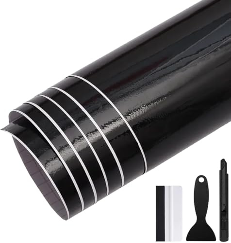 GRTHTATI 50cm x 300cm Pellicola Adhesiva per Auto Nero Lucido Pellicola Wrapping Pellicola Protettiva per Interni/Esterni di Auto, Moto, Bici (Nera Lucida, 50cm x 300cm)