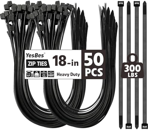 50 bridas de 18 pulgadas, bridas de 40 libras de resistencia a la tracción, bridas negras para uso en interiores y exteriores, bridas de alambre resistentes a los rayos UV, grandes, color negro