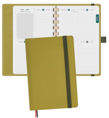 BEZEND Taschenkalender 2026 Klein [auf Deutsch] ca.A6 17 x 11 cm, Kalender 2026 Klein Ringbuch mit Softcover & Abnehmbares Papier, Terminplaner 1 Woche 2 Seite mit Kartenschlitz, Senf