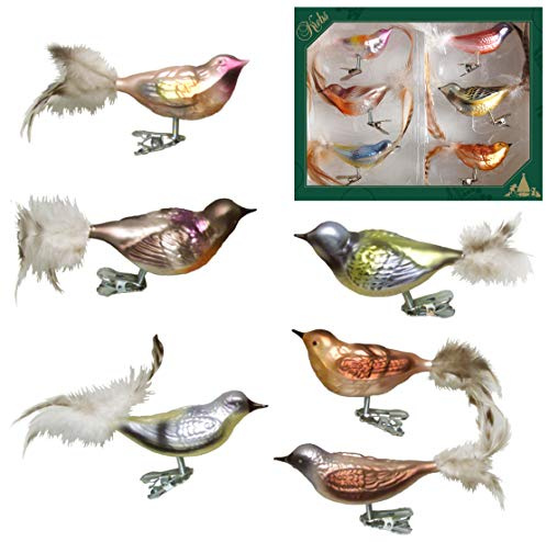 Krebs Glas Lauscha - Weihnachtsdekoration/Christbaumschmuck aus Glas - Wintervogelset - Vögel auf Clip aus Glas - Inhalt: 6 Stück - Größe: ca. 11 cm