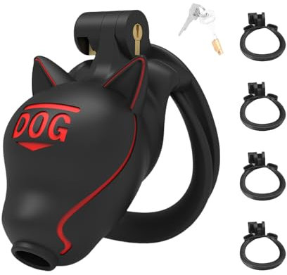 Cage de Chasteté pour Pénis à Tête de Chien Sex Toýs Homme Cage Chastetée avec 4 Anneaux Larges Chastity Cage avec Serrure Cachée et 2 Clés Ceinture de Chasteté pour le Bondage du Pénis (Black,B)