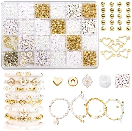 Axvxby Handgemachtes Perlenarmband Set zum Armbänder selber machen Perlen in Weiß und Gold, anpassbare Buchstaben und Charms DIY Perlen zum Geschenk für Mädchen und Frauen