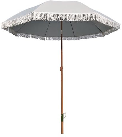 Ombrellone da spiaggia con nappe, ombrellone con nappe UPF 50+ con borsa for il trasporto, ombrellone da giardino pieghevole con palo in legno for vacanze all'aperto, prato da giardino, tavolo da bili