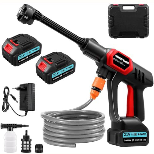 Bellanny Nettoyeur Haute Pression sans Fil 80Bar 270L/H Pressure Washer | 21V Pistolet Portable de Lavage Mobile avec 2*3Ah Batteries, 6 en 1 Buse Réglable,5m Tuyau,Connecteur,Mousse,pour Voitures Sol