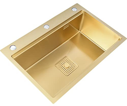 Évier de Cuisine Simple en Acier Inoxydable doré, à encastrer ou sous Plan, Compatible Lave-Vaisselle, avec bonde et Robinet Amovible, 60 x 46 x 22 cm