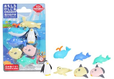 Iwako Meeres Radiergummi-Set | 7 verschiedene Meerestiere | Delfine, Wal, Pinguin, Seerobbe, Fische | praktische Blisterverpackung | Perfekt für die Schultüte | DIY, Schule, Büro & andere Projekte