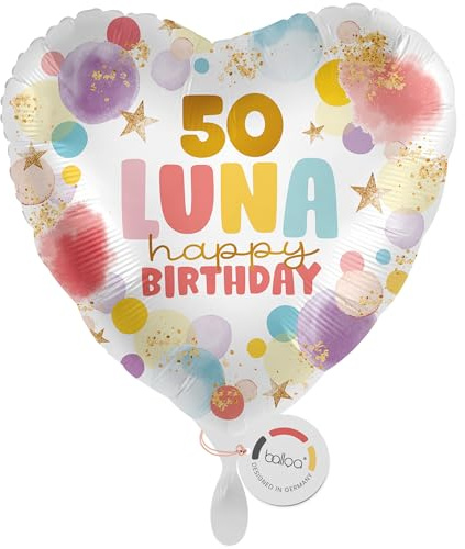 balloa Personalisierter Ballon XXL mit Namen, Geschenk zum 50 Geburtstag, Herzballon mit Wunschtext, Luftballon bunt, Helium geeignet, Folienballon Deko für Frauen, Geburtstagsballon Dekoidee, 53cm