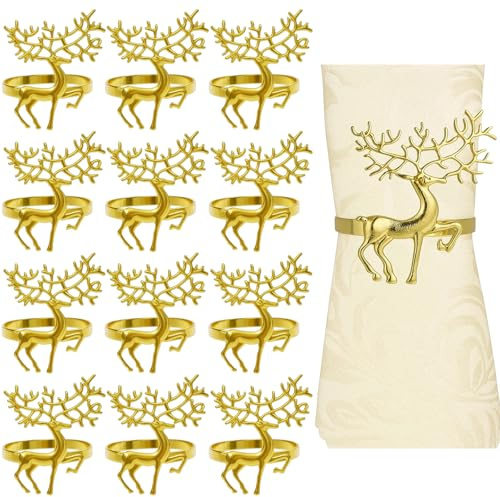Christmas Napkin Rings, 12 Gold Reindeer Napkin Rings for Festive Table Decor, Elegant Napkin Holders for Christmas Dinner, Wedding, Party, 4.2 x 5 cm