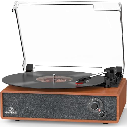 Vinyl Record Player Built-in Stereo Speakers Vintage Turntable Vinyl Records LP Phonograph Belt Drive 3 Speed 3 Size Support Wireless Input RCA Output Auto Stop Tone Adjustment Retro Wooden Walnut Red