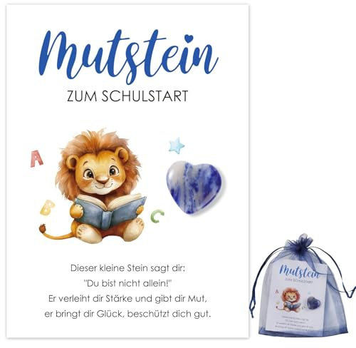 Vauki Mutstein Geschenke zur Einschulung mit Glücksbringer Schulanfang, 2x2 cm Herzform Glückssteine Einschulungsgeschenk mit Karte und Organzasäckchen, Schultüte Füllung für Schulstart (Löwe)