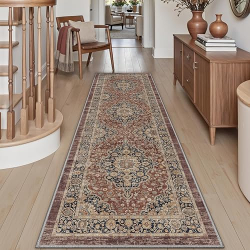 DEXI Läufer Flur Teppich 60 x 180 cm, Küchenläufer Lange waschbar rutschfest, Schmutz & Wasser Aufnehmen Dünne Vintage Teppichläufer für Hauseingänge, Küche, Waschküche, Rostrot