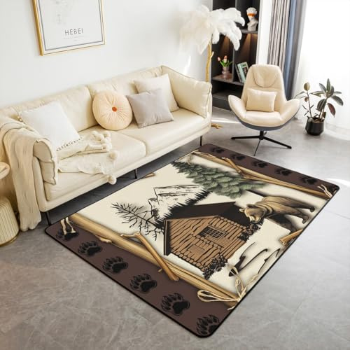 Homewish Alfombra de 150 x 200 cm para dormitorio, alfombra rústica de animales del bosque, sala de estar, oso del bosque, no se desprende, alfombra grande para caza, camping, vintage, campestre