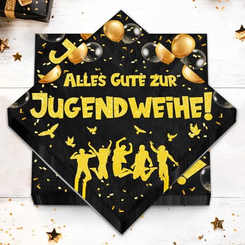 40 Stück Servietten Jugendweihe Deko, Tischdeko Jugendweihe Schwarz Gold - 33x33cm, Servietten Deko Jugendweihe Junge Mädchen Party