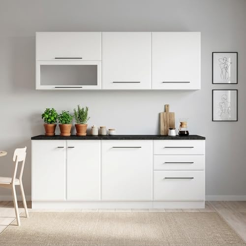 Homestyle4u Küchenzeile 200 cm Weiß/Schwarz ohne Geräte | Küchenblock mit Arbeitsplatte, Hängeschränken & Geschirrspülernische – ideal für kleine Wohnungen