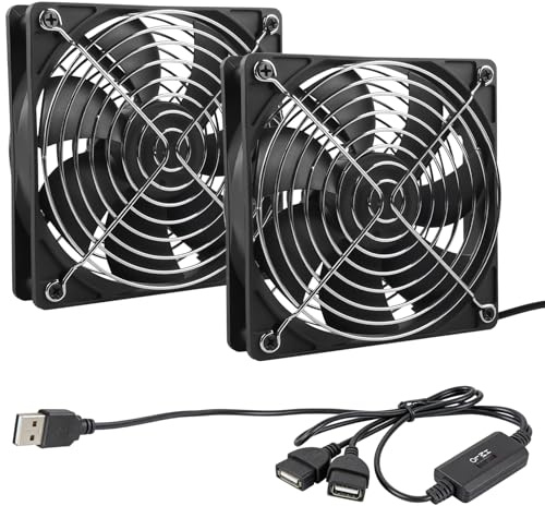 Demlaka Lot de 2 ventilateurs de boîtier 2 en 1 120 mm : ventilateur USB avec boîtier en métal réglable, design double réseau, refroidissement PC, console et routeur, PC/PS4/routeur/cabine AV