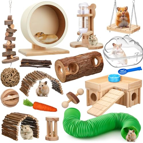Sonwyoung 19 Pcs Hamster Cage Accessories & Habitat Set, Wooden Silent Exercise Wheel Wood Hide Out Tree Trunk Tunnel Tube Water Bottle Set Sand Bath Bowl Chew Toys for Dwarf Hamster Gerbil Mouse