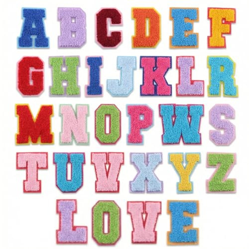 26 Stück Satiskid selbstklebende Chenille-Buchstaben-Aufnäher, DIY Alphabet-Stoffpatch zum Aufbügeln & Aufnähen für Kleidung, Taschen, Jeans, Mützen, in bunten Farben