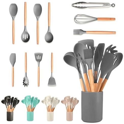 JUPPLIES Juego de Utensilios de Cocina de Silicona 12 Piezas con Mangos de Madera y Soporte Organizador – Set Antiadherente Resistente al Calor – Apto para Todas Las Ollas y Sartenes - Gris
