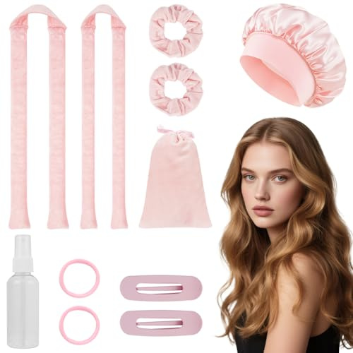 AOOWU 11Pcs Rizador sin Calor para Cabello, Rizos sin Calor, Set De Peinado Diy para Rizar Pelo Flexibles No Dañará El Cabello Banda Rizadora sin Calor con Gorro para Cabello Largo y Mediano (Rosa)