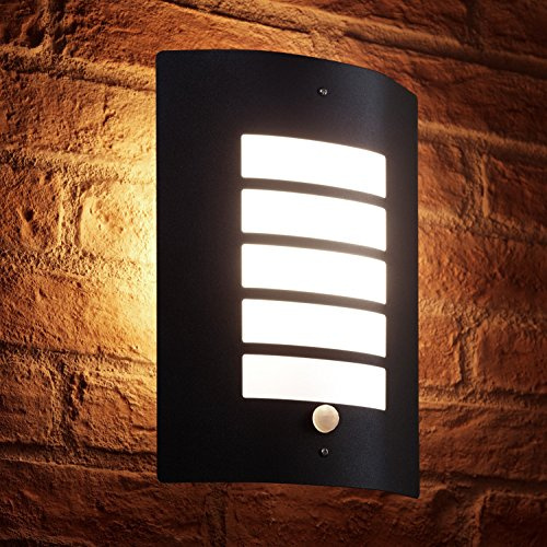 Auraglow Stainless Steel Energy Saving Motion Activated PIR Sensor Outdoor Security Wall Light - Black Matte Finish - Warm White | Security lamp, 4m detection, override function, 470 lumen, rust resistant, for porch, front door and driveway