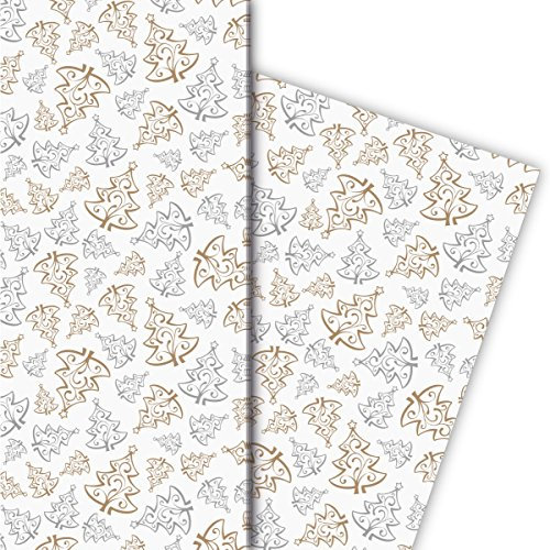 Kartenkaufrausch Ornament Weihnachtspapier, Geschenkpapier Set zu Weihnachten mit Weihnachtsbäumen, weiß, für tolle Geschenk Verpackung, Designpapier, scrapbooking, 4 Bogen, 32 x 48cm