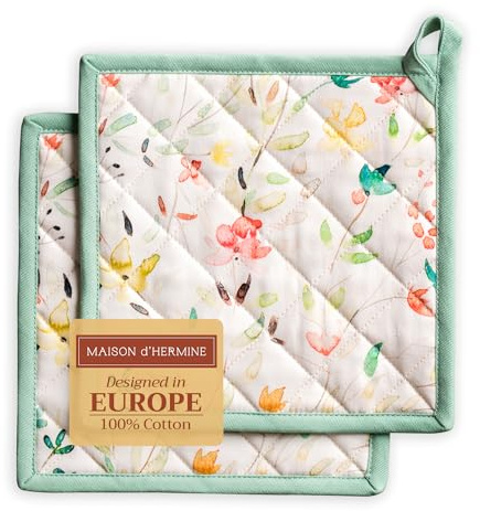 Maison d'Hermine Topflappen-Set, 100% Baumwolle (20 cm x 20 cm, 2er-Pack) | Hitzebeständig mit Schlaufe zum Grillen Backen Anfassen heißer Pfanne, Frühjahr Sommer - Colmar