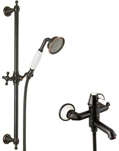 PaulGurkes Nostalgie Wannenarmatur Aufputz Retro schwarz Armatur Duschstange Set Handbrause Brausehalter Brausestange Duschkopf massives Messing schwarze Oberfläche Kupfer Duschschlauch 150cm Schlauch
