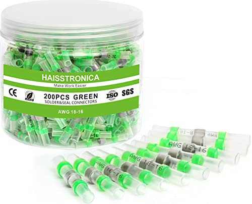 haisstronica 200 Stück 18–16 grüne Lötdichtungs-Kabelverbinder, wasserdichte Kabelverbinder, Schrumpf-Stoßverbinder für Wasserfahrzeuge, Elektrik, Elektronik, Marine, Stereo