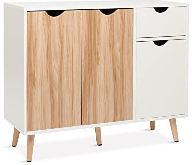 Mondeer Kommode, Sideboard Holz mit 1 Schubladen und 3 Türen für Wohnzimmer Schlafzimmer Flur,90 x 30 x 73 cm, Weiß und Natur