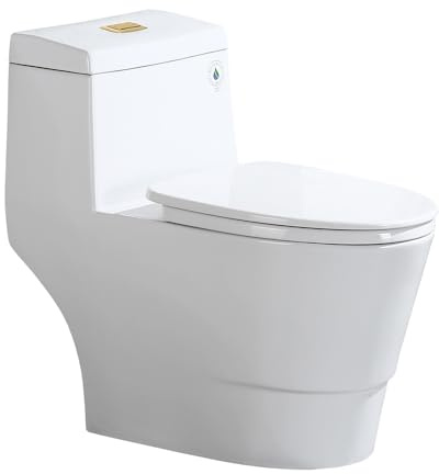WOODBRIDGEE One Piece Toilet with Soft Closing Seat, Chair Height, 1.28 GPF Dual, Water Sensed, 1000 Gram MaP Flushing Score Toilet with Brushed Gold Button T0001-BG, White
