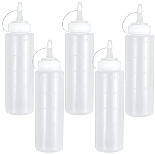 5 Stk Quetschflasche, Squeeze Flasche aus Kunststoff, 250 ml 8oz Condiment Flaschen mit Kappen & Messungen, Transparent Saucenflasche Soßenspender für Olivenöl Ketchup Mayo Senf BBQ