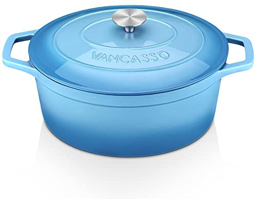 vancasso Casseruola in ghisa ovale, 6 l, pentola smaltata, casseruola con coperchio, olandese oven nutriente e deliziosa, per la casa, ristorante, hotel, va al forno, blu, 30 x 13 cm
