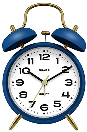 Sharp Twin Bell Alarm Clock, Loud Alarm Great for Heavy Sleepers - Stylish Matte Finish with Rustic Bronze Accents, Battery Operated (Matte Navy)
