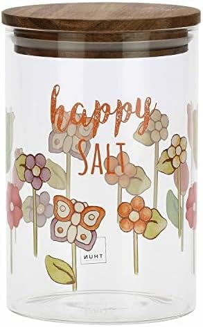 THUN, Barattolo per Farina in Vetro Decorato con Motivi Floreali e Tappo in Legno d'Acacia, Linea Happy Country, Ø 10 cm, 15 cm h, 900 ml